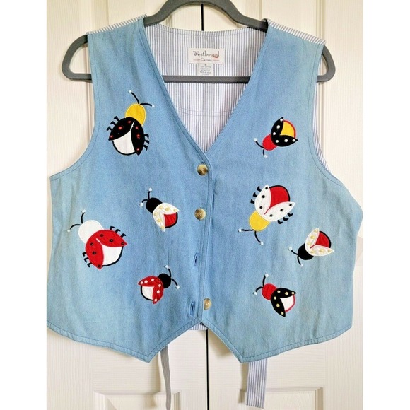 Westbound Casual M Denim Vest‎ Blue Cotton Spring Size Medium Ladybugs NWT - Picture 1 of 6